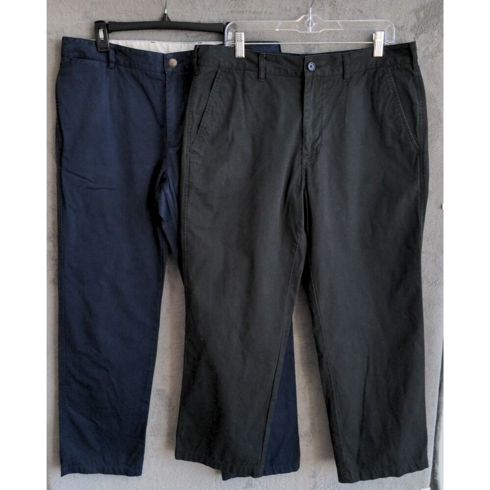 2 Pair Lacoste Pants Mens 36x30 Black Navy Flat Front Cotton Dress Slacks Chino